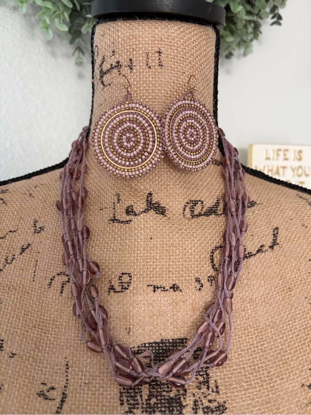 Beaded Circle Drop Earrings & Braided Glass Bead Necklace - Mauve Set